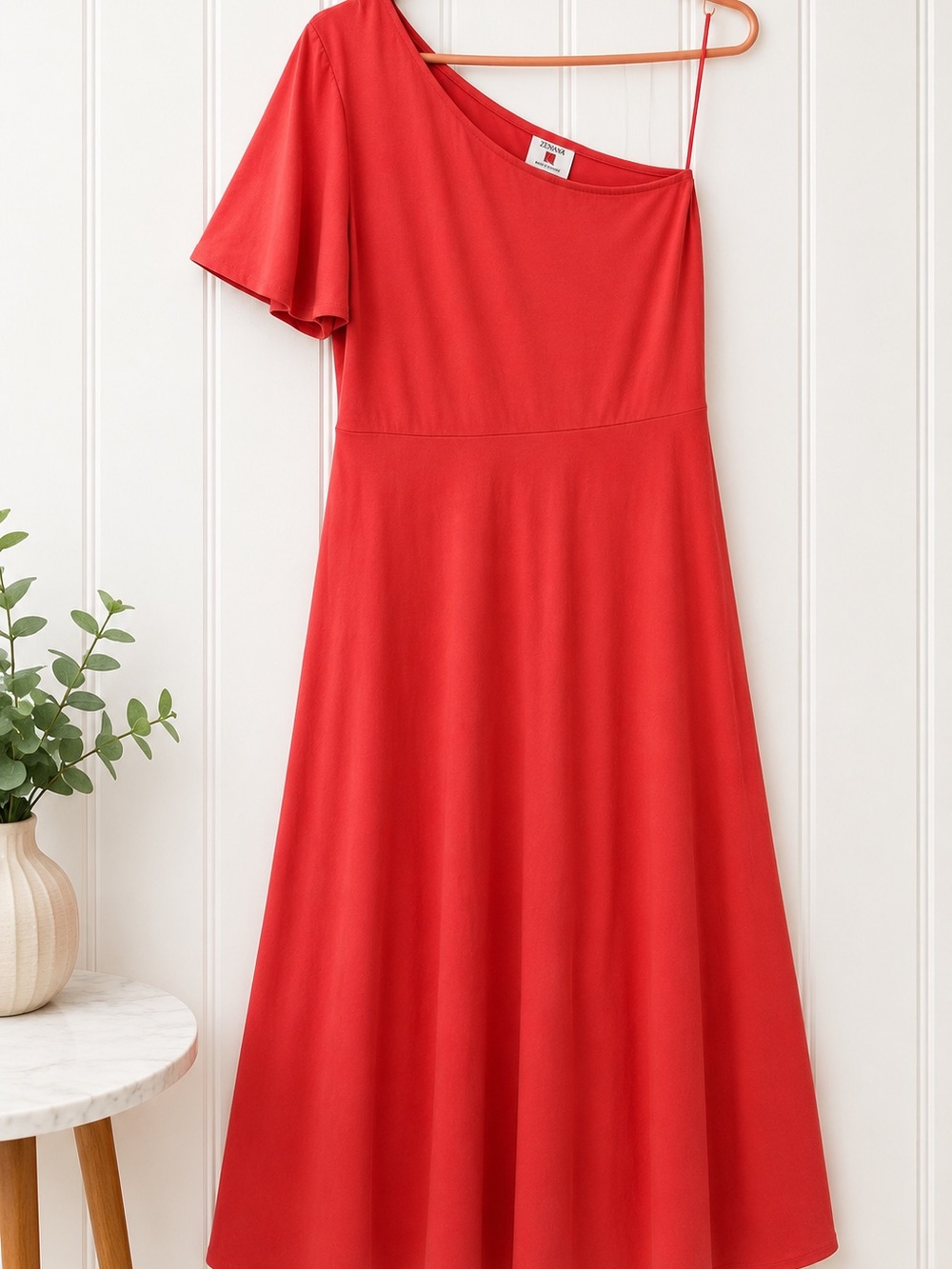Who What Wear Coral One-Shoulder Midi Dress